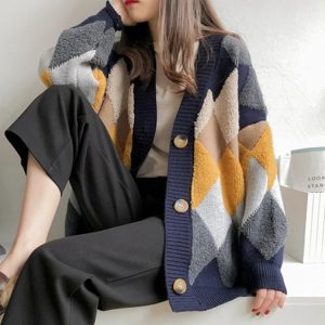 Gilet chaud boutonné à motifs losanges pour femme