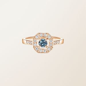Bague Or rose 750 ‰ Saphir Bleu Gris et diamants Art Déco Rond 4 mm