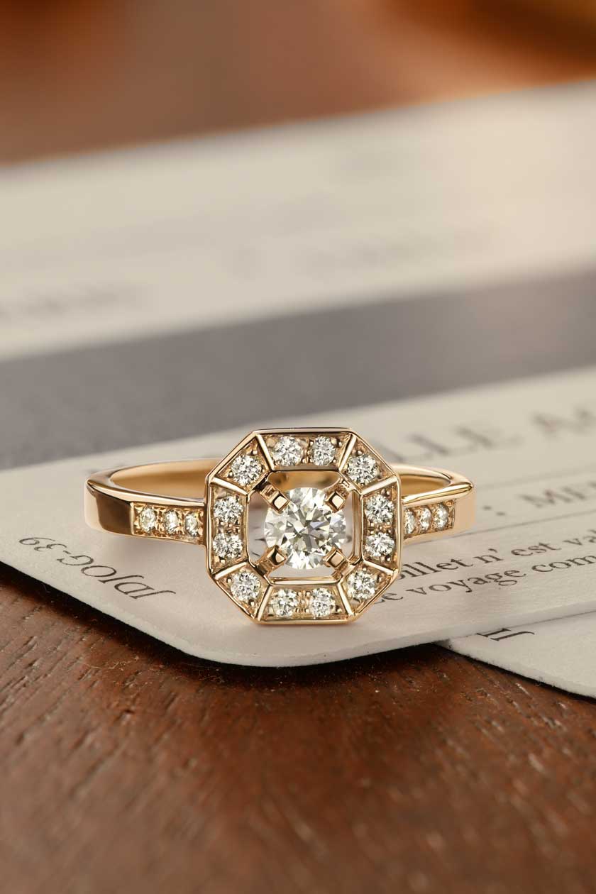 Bague Or jaune 750 ‰ Diamant Art Déco Rond 4 mm – Image 2