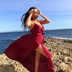 Robe longue en satin Bordeaux / Taupe