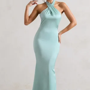 Unbeatable | Robe longue en satin vert menthe à décolleté croisé