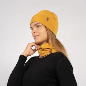 Bonnet et tour de cou en mérinos pour femme 2 pièces jaune
