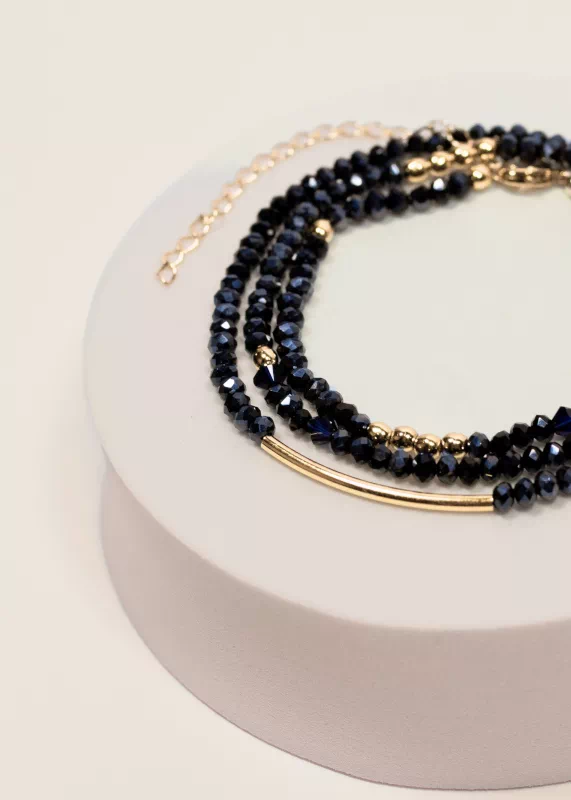 Bracelet multi-rangs en perles de Bohême bleu marine et or laminé 14K – Nocturne – Image 4