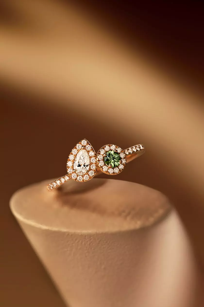 Bague Or rose Saphir Vert et diamants AlterEgo Poire – Image 4