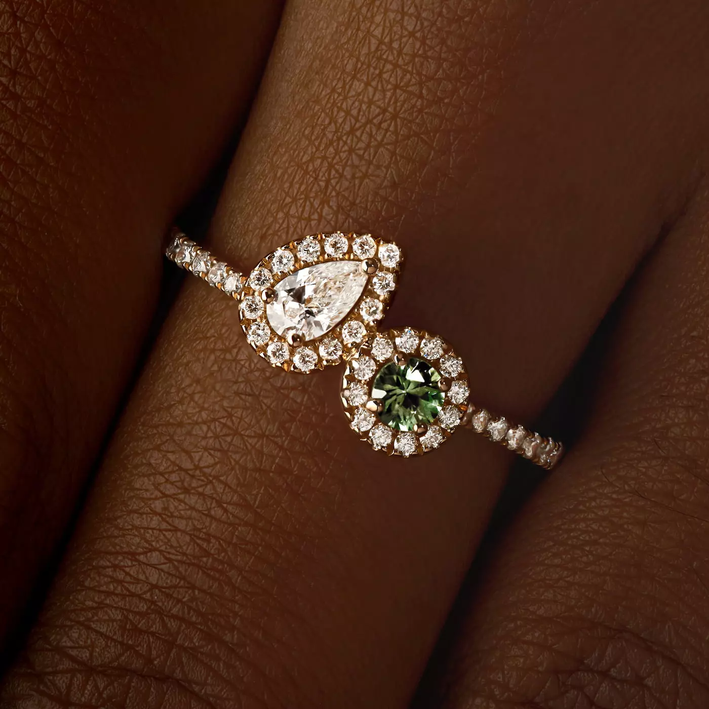 Bague Or rose Saphir Vert et diamants AlterEgo Poire