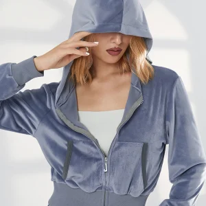 Gilet à capuche court en velours stretch avec poches pour femme