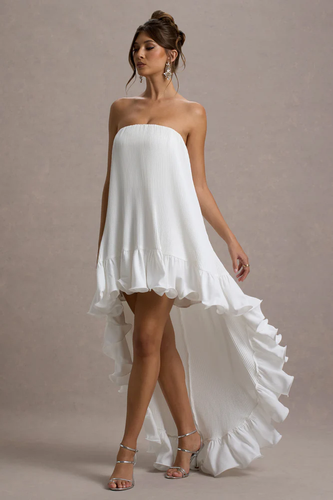 Whistler – Robe longue chiffon blanc décolleté bandeau et froncée